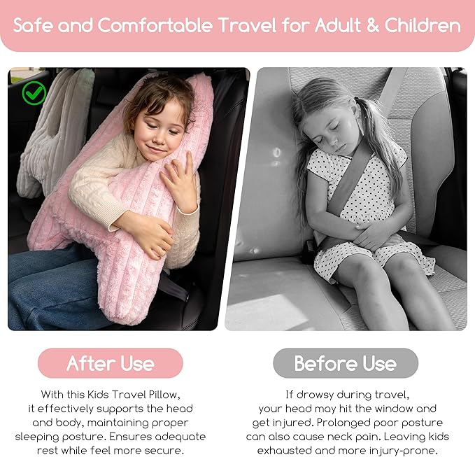 HIGOGOGO Washable Travel Pillow, Car Pillow for Kids & Adults, Upgraded Travel Pillows with Removable Soft Cover and High-Support Foam, Fix Neck and Body Sitting/Sleeping on The Trip, Pink