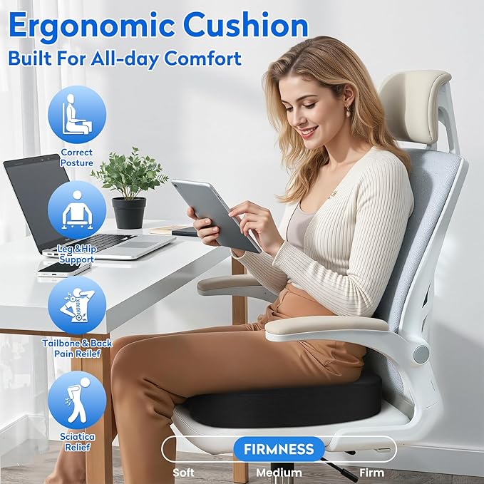 Seat Cushion - Memory Foam Office Chair Cushion for Sciatica, Tailbone & Back Pain Relief - Orthopedic Coccyx Pillow for Car, Airplane, Pregnancy & Long Sitting at Work, Black