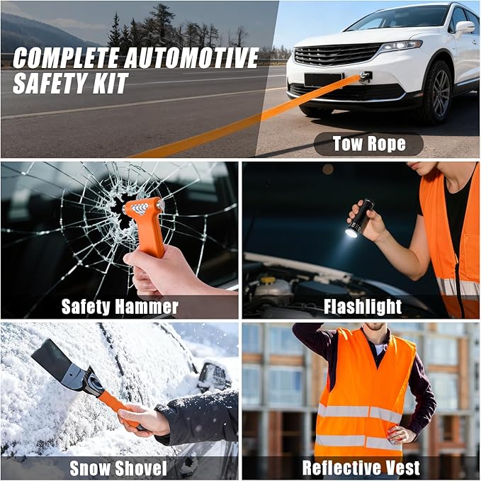 Car Roadside Emergency Kit, Jump Starter with Air Compressor, First Aid Kit, Tow Rope, Roadside Safety Emergency Tool Kit for Women, Men, Teen (Orange)