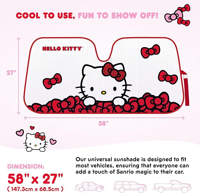 Carbella Hello Kitty Car Windshield Sun Shade, Official Sanrio Sun Shade for Car Window, Cute Sun Shade for Front Windshield, Hello Kitty Accessories for Women ﻿(Red Bow Dreams)