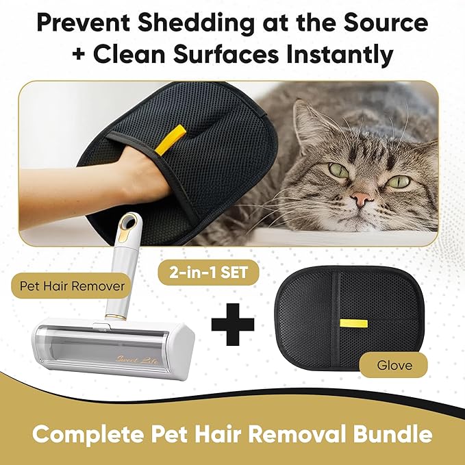 Pet Hair Remover & Reusable Lint Roller – Cat & Dog Hair Remover for Furniture, Couch, Carpet, Bedding, Clothes & Car – Portable Fur Remover Tool + Pet Hair Removal Glove Bundle