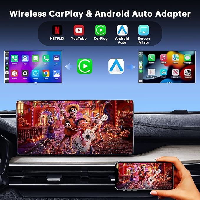 6-in-1 Android Auto Wireless Adapter and Apple CarPlay Adapter, Wireless Carplay Adapter with Netflix YouTube TF Card, Plug & Play, Easy Setup, Magic Video Ai Box for OEM Wired Apple Car Play Cars