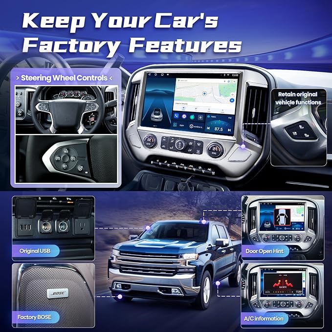 13.1 Inch 8Core 4+64G Car Radio for Chevy Silverado GMC Sierra 2014-2018 5Ghz WiFi 2K Screen Silverado Radio Wireless CarPlay Android Auto BT GPS 48EQ FM/RDS Backup Camera MIC,Silver