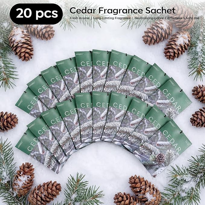 MYARO 20 Pack Cedar Scented Sachets - Woody Aroma Freshener Bags for Closet, Drawer & Car, Odor Eliminator for Clothes, Small Storage - Home Fragrance Potpourri Bags