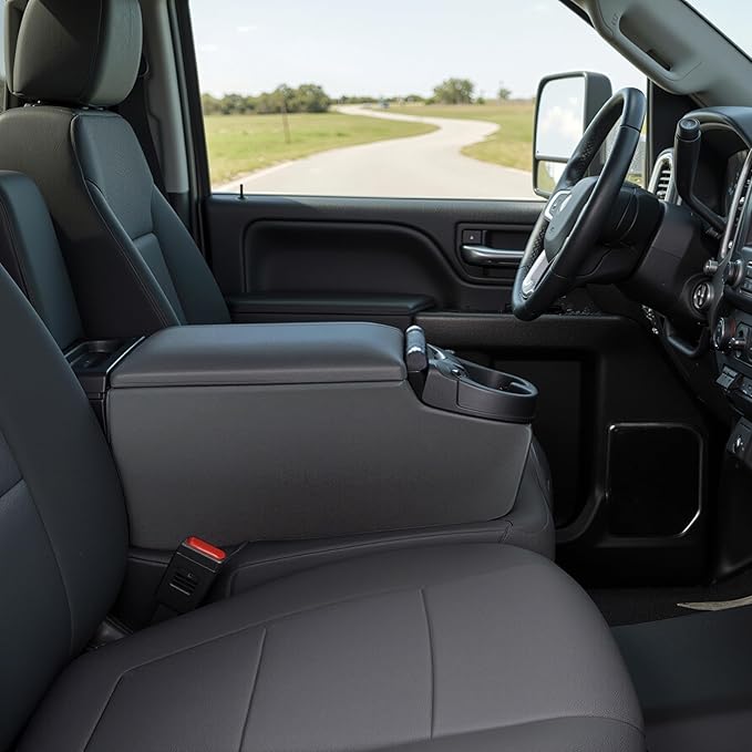 NVS Universal Truck Console Contractor Bench Seat Organizer with Adjustable Cup Holders, Clipboard Storage & Padded Armrest Lid - Dark Gray