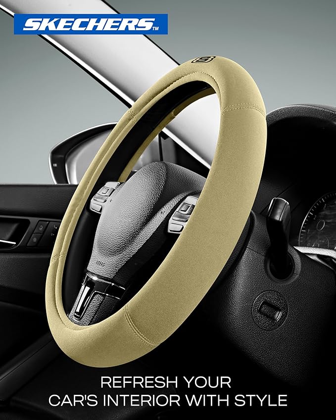 Skechers Steering Wheel Cover, Memory Foam Car Steering Wheel Covers,14.5-15inch Anti-Slip Safety Comfortable Design Universal Men Women Fits for 95% Truck,SUV,Cars(Beige)