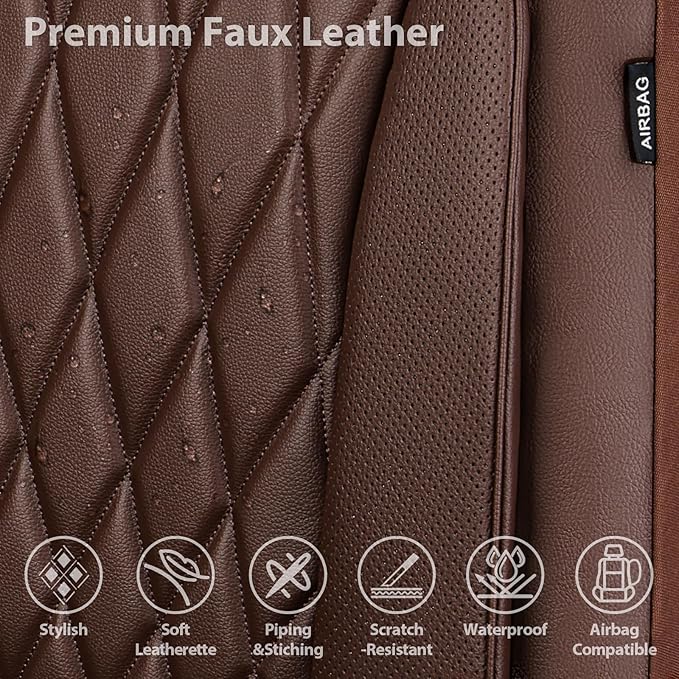 CAR PASS Piping Luxury Faux PU Leather Two Front Car Seat Covers, Waterproof Anti Slip Seat Covers Compatible with Front Seat Armrests,Universal Fit for Suvs,Vans,Trucks,Airbag Compatible, All Brown
