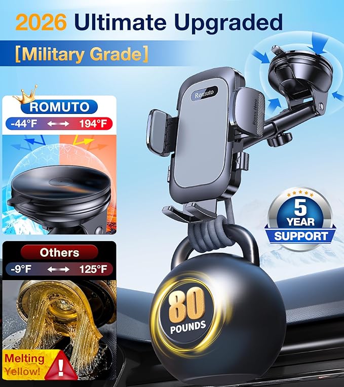 Romuto Phone Holders for Your Car Phone Holder Mount【Super Suction】Cell Phone Mount for Car Accessories for Women Men Windshield/Vent/Dash Truck Stand Desk Mount Clamp Holder for iPhone Samsung Camera