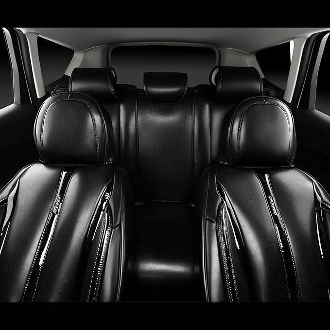 CAR PASS Ultra+ Nappa Patent Leather Car Seat Covers Full Set Universal Cushioned,Soft Breathable Waterproof Anti-Slip Driver Seats Backrest for SUV Pick-up Truck Sedan,5 Seats Aether Lustre All Black