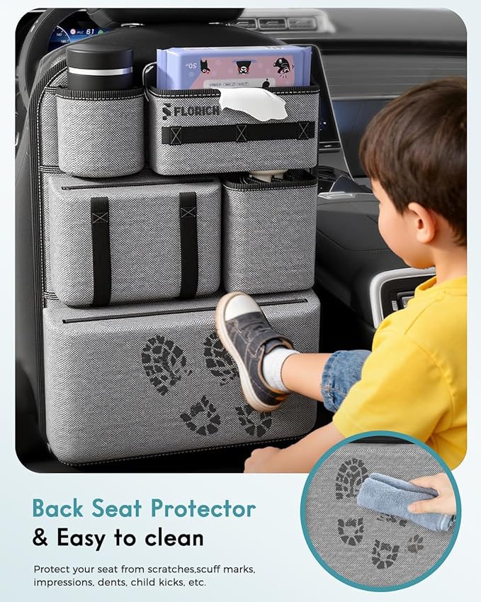 FLORICH PU-Coated Fabric Car Backseat Organizer, Durable Large capaity Seat Back Organizer and Storage with 6 Pocket, Kick Mats Back Seat Protector for Kids Universal Fit