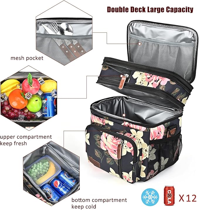 MIYCOO Lunch Bag & Lunch Box for Women Men, Double Deck Leakproof Insulated Soft Large Adult Camping Cooler bag for Work, Beach, Picnic, Travel (Flower, 15L)