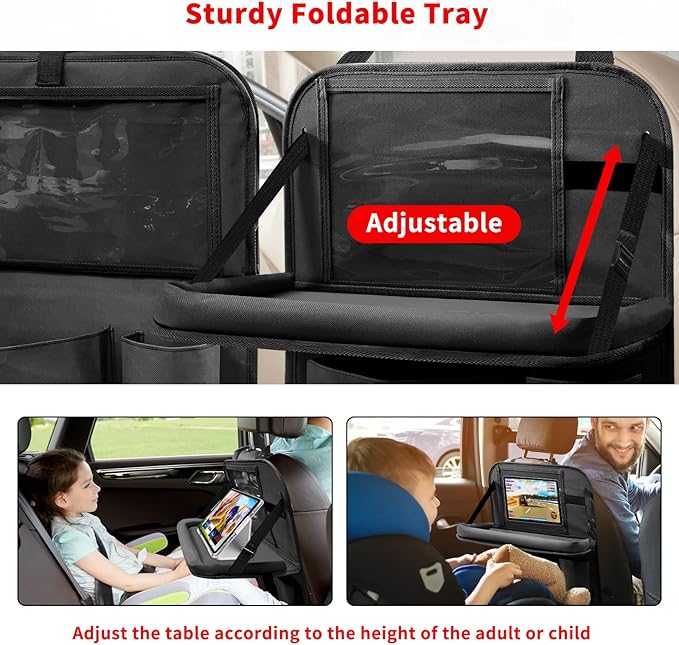 Car Backseat Organizer with Tablet Holder, 6 Storage Pockets Seat Back Protector with Foldable Tray, Kick Mats Back Seat Cover for Kids Toddlers, Travel Accessories, 1 Pc