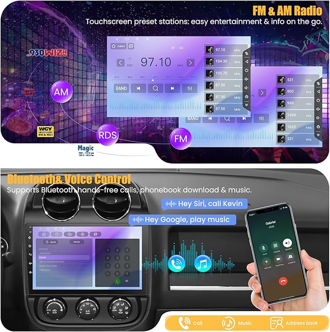 8 Core 6GB+128GB Car Radio for for Jeep Patriot Compass 2010-2016,10.2 Inch QLED Touch Screen Car Stereo with Carplay&Android Auto,WiFi,GPS Navigation,Bluetooth,FM&AM Radio,Android 15