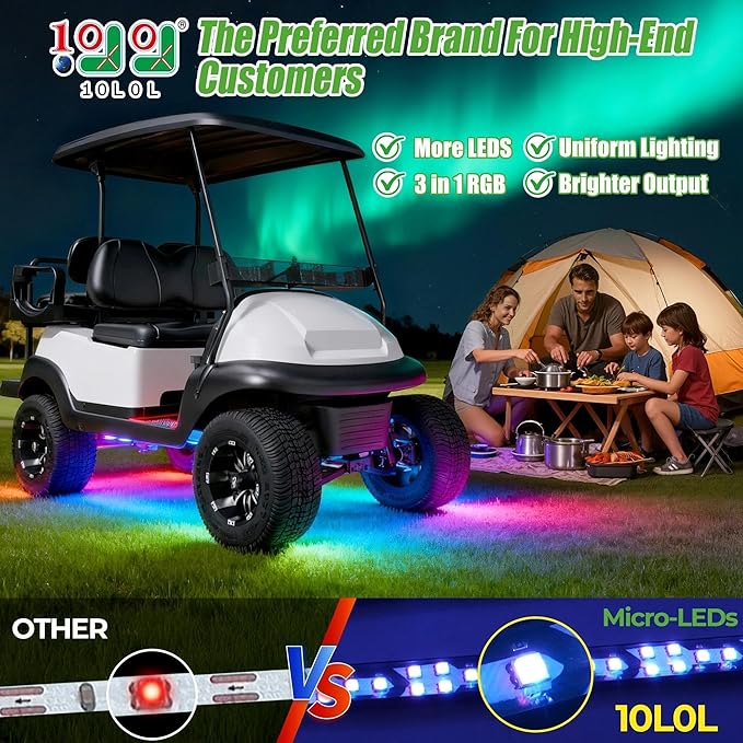 10L0L Golf Cart Underbody Light Kit, Underglow LED Strip for EZGO Club Car Yamaha, 24 Modes Multicolor RGB Music Sync Waterproof, Canopy Lights Optional (4 Pack(Underbody-Fishbone))