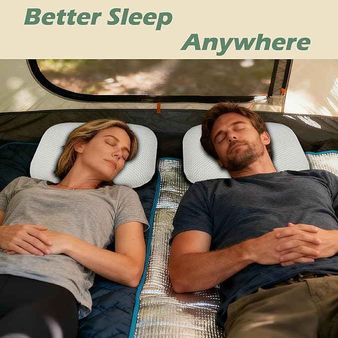 Cooling Camping Pillow, Memory Foam Travel Pillow with Adjustable Buckle Strap & Storage Bag, Compact Small Pillow for Airplane, Car Lumbar, Office, Washable Cooling Cover, Frost White