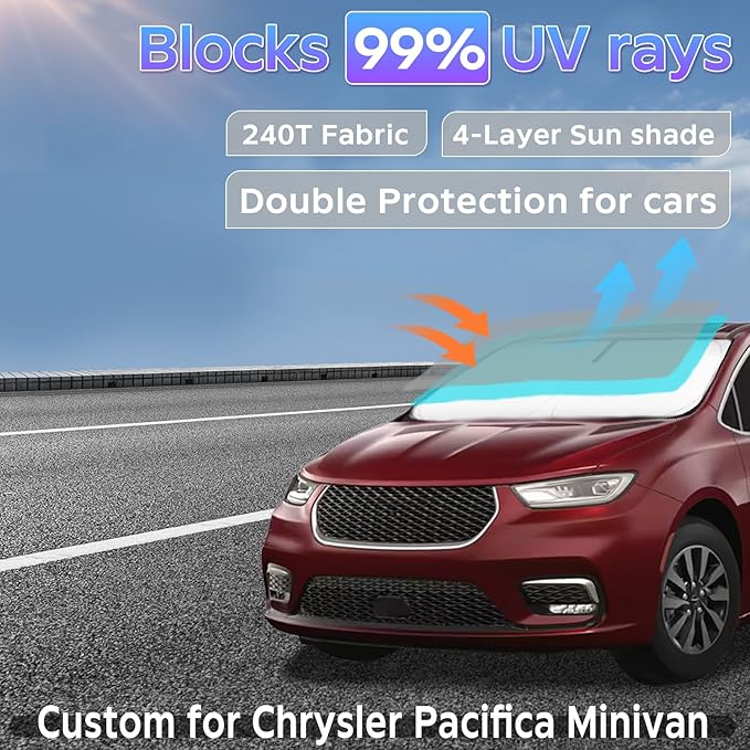 Sun Shade Sunshade for Chrysler Pacifica Minivan 2017-2024 2025 2026 Windshield Cover, 2-Layers Sun Shield 240T Silver Coating Sun Visor Foldable Window Shade Blocks UV Rays Car Accessories