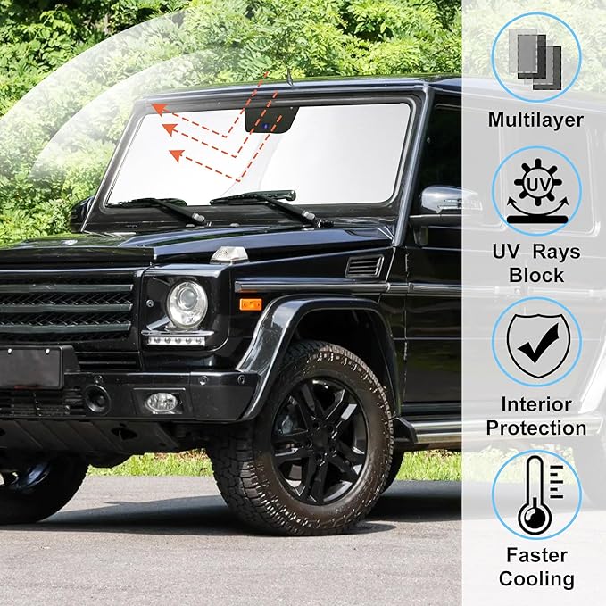 Windshield Sun Shade Custom Fit for 1990-2018 Mercedes Benz G W463 G550 G55 G63 G65 Accessories(Not for 2019-2021 Mercedes Benz G Class) Accessories Foldable Sunshade Keep Car Cooler