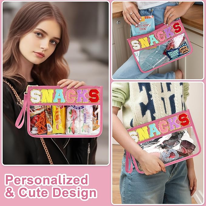 Snack Bag for Travel - Clear Chenille Varsity Letter Flat Pouch with Zipper, 12.2×8.46 inch Waterproof Clear Nylon Preppy Patch Makeup Cosmetic tote Bags for Women Girls