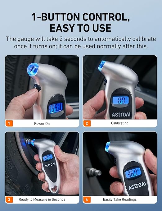 AstroAI Digital Tire Pressure Gauge 0-150PSI Calibrated to ANSI B40.7 +/-1PSI, Accurate in 0.1 Increments, Tire Repair Tools 4 Pressure Measurements for Car Truck with Backlight LCD, Silver