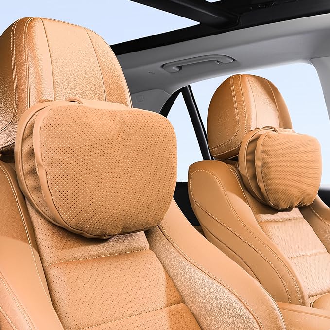 Car Headrest Pillow for Driving, Dual-Sided Leather Design Neck Pillow, Breathable Softness Neck Support, Universal Fit Head Rest Travel Pillow, Palomino Brown, 2 Pack