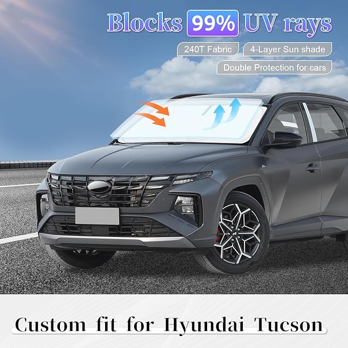 for Hyundai Tucson 2022-2024 2025 2026 Sun Shade Sunshade Windshield Cover,4-Layer Front Window Shade Custom fit Tucson Sun Visor 240T Retractable Shade Blocks UV Rays Cooler Car Accessories