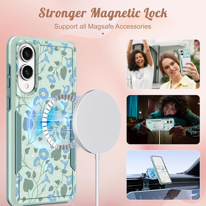 for Samsung Galaxy S25 Edge Case - Compatible with MagSafe Women Girls Cute Magnetic Protective Phone Cover Unique Girly Blue Flower Heavy Duty Shockproof Design for Samsung S25 Edge Case