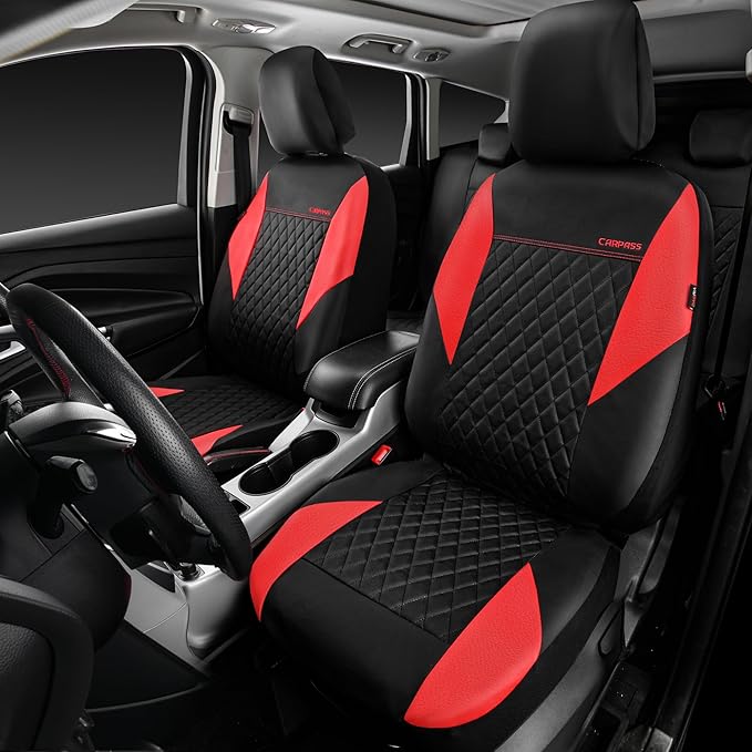 CAR PASS Red Leather Seat Covers Full Set-Universal Quilting Pretty Girly Car Seat Cover with 5mm Composite Sponge Inside,Airbag Compatible, Waterproof Delux Fit for Most Sedan,SUV,Cars (Full Set,Red)