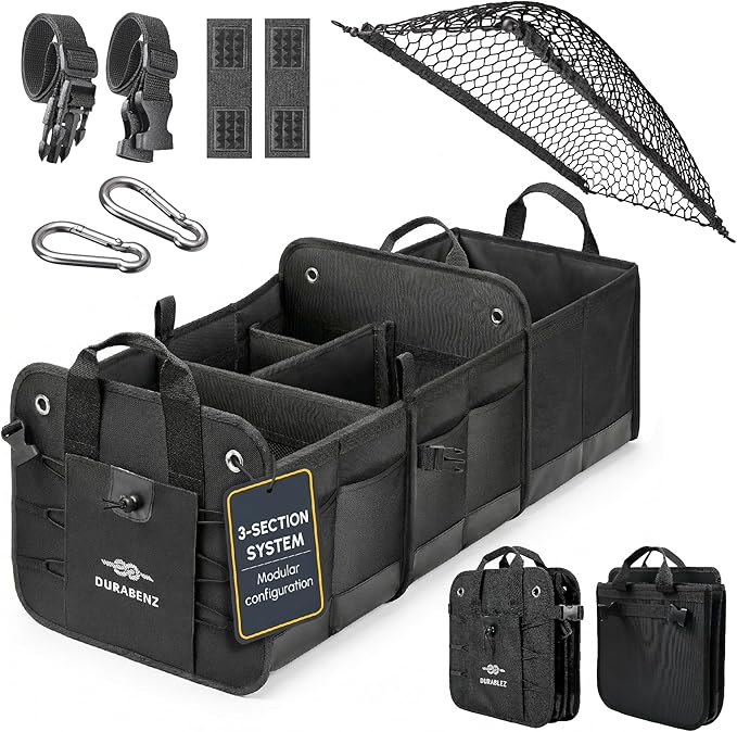 3-Section Car Trunk Organizer XL – Large Modular Auto Storage Bin, Foldable Multi-Compartment Cargo Organizer for Car Trunk, Heavy Duty 1680D Design – Black