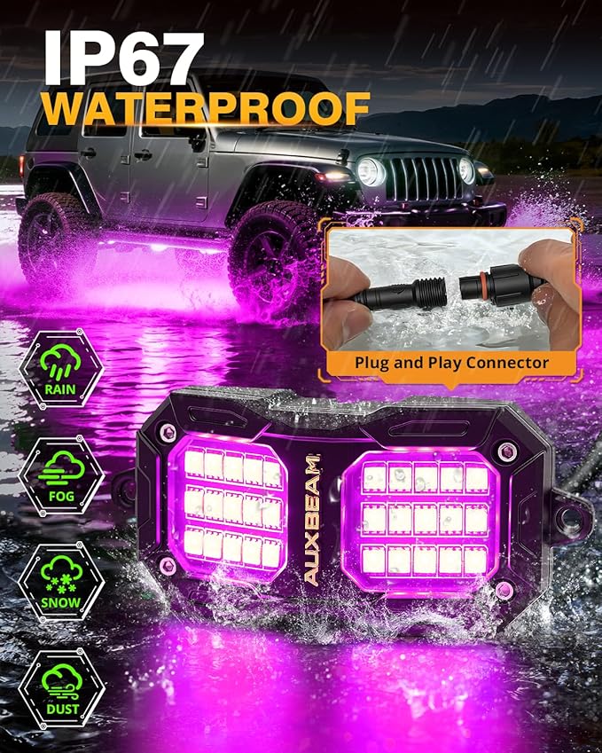 Auxbeam 2 Pods Dynamic Color Changing RGB LED Rock Lights No-Dark-Spot Bluetooth APP&Remote Control Music Voice Sync IP67 Waterproof Wheel Well Lights w/Brake Mode 1 Year Warranty (NO Controller)