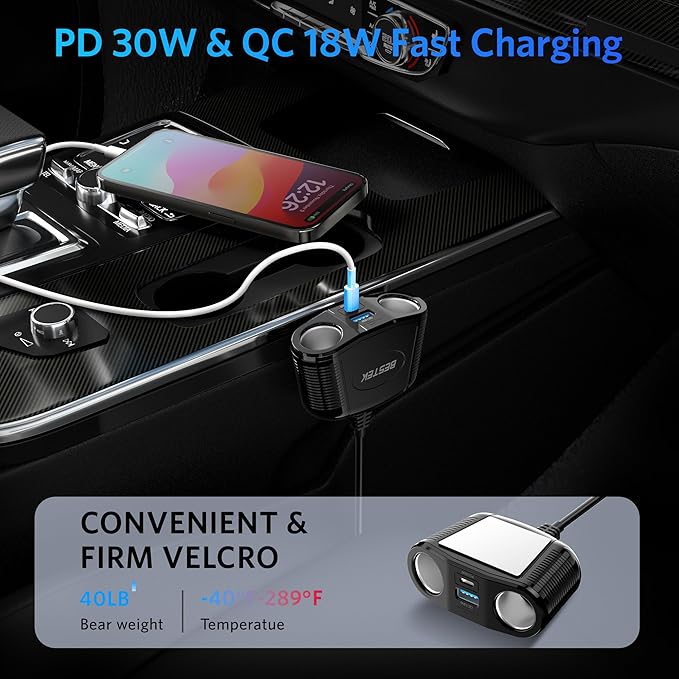 BESTEK 4 in 1 Cigarette Lighter Splitter-150W Cigarette Lighter Adapter with Dual 12v Splitter QC3.0 and USB-C PD30W, Cigarette Lighter USB Charger Fast Charger for Dash Cam, GPS, iPad/Laptop/Phone