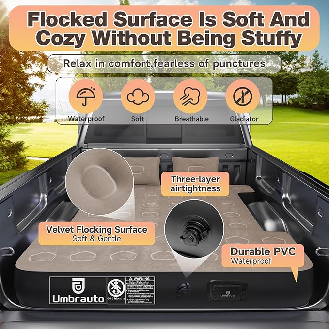 Umbrauto Built-in Pump Air Mattress for 5.5-5.8ft Short Truck Bed, Inflatable Full-Size Pickup Airbed for Ford F150, Chevy Silverado, GMC Sierra, Dodge Ram, Toyota Tundra, Nissan Titan Outdoor Camping
