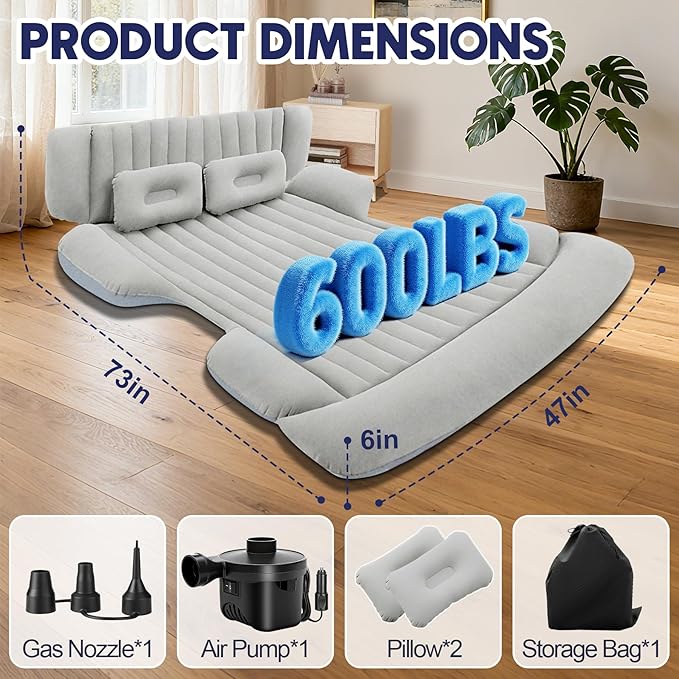 SUV Air Mattress with Air Pump,Thickened Camping Bed with 2 Pillows,Portable Car Air Mattress,Quick Easy Set-Up,Inflatable Bed for car,Durability Car Bed for SUV,Home,Travel,Camping(GreyWhite)