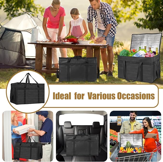 PEASUG 2PCS Insulated Bags for Food Delivery, XXXL Pizza Delivery Bags, Large Capacity Cooler Bag Keep Food Warm for Grocery Shopping and Catering, Foldable, Heavy-Duty (Black)