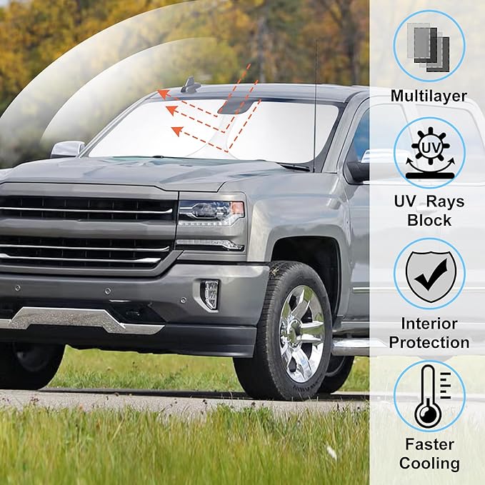 Windshield Sun Shade Custom Fit for 2014-2019 Chevrolet/Chevy Silverado Crewcab Regularcab Extendedcab Accessories Foldable Sunshade Protect Car from Sun Rays & Heat Damage Keep Car Cooler