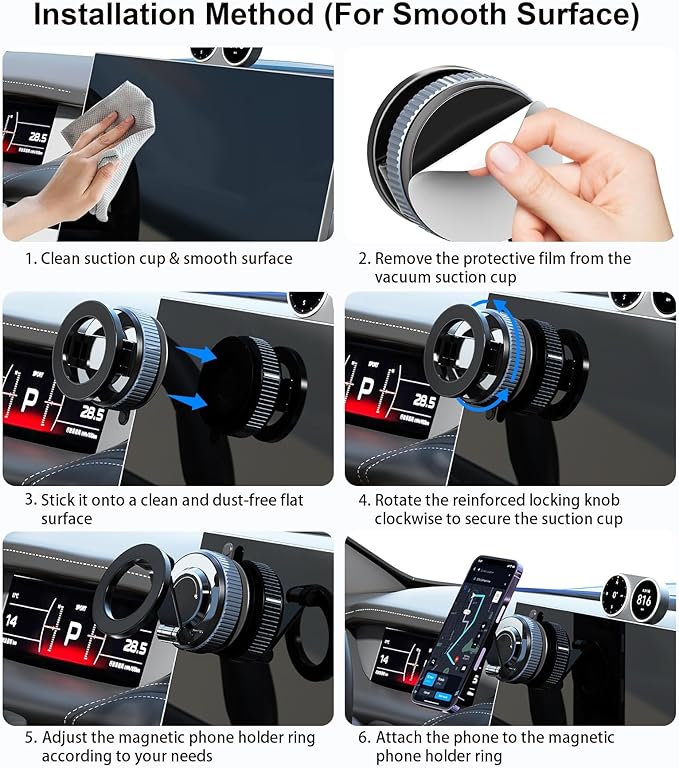 Gahenwo Vacuum Magnetic Car Phone Holder Stand,360° Adjustable Car Phone Mount for Magsafe with Suction Cup & Swivel Lock,Foldable Phone Holders for Your Car,Cell Phone Car Mount for iPhone & Android