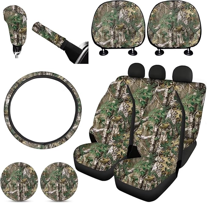 FKELYI Car Seat Covers - Branches Camo Set with Cup Coasters, Headrest, Steering Wheel, Gear Shift, Handbrake Covers
