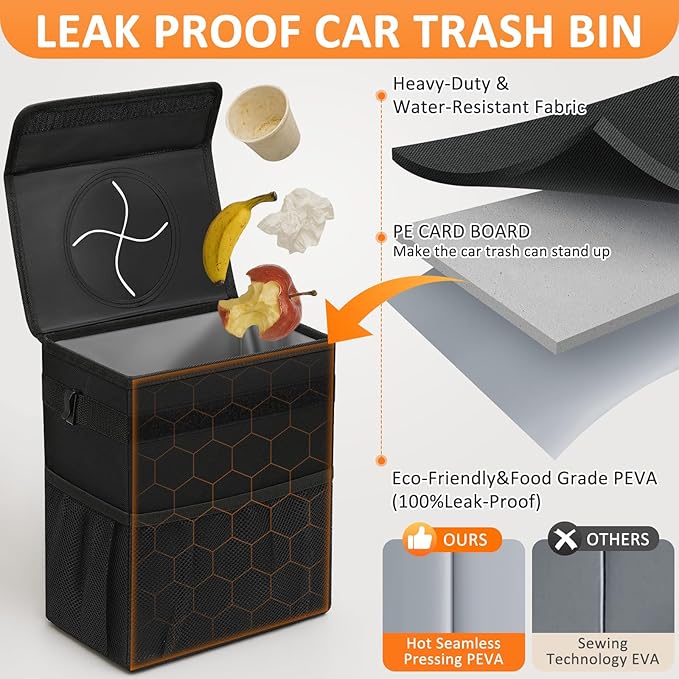 4.2 Gallons Car Trash Can with Lid, Bag Bin Hanging Waterproof Automotive Car Garbage Cans Leak Proof Vehicle Trash Can for Truck SUV,Black