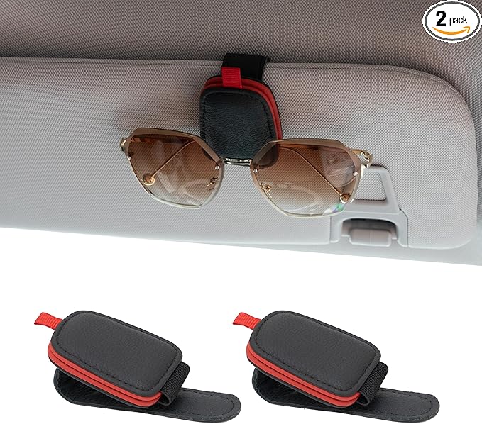 Yuoyar Sunglass Holder for Car, Magnetic Leather Sunglasses Holder and Ticket Card Clip, Car Visor Accessories, 2 Packs (Black-red)