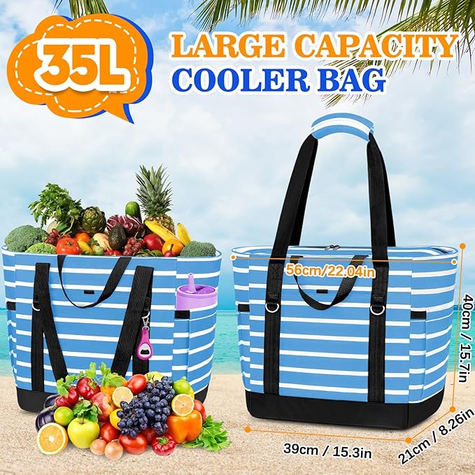 HUANLANG Soft Cooler Bag Insulated for Travel,Large Insulated Grocery Bags with Zippered Top,PEVA Collapsible Food Delivery Cooler Bag for Beach, Travel, Picnics