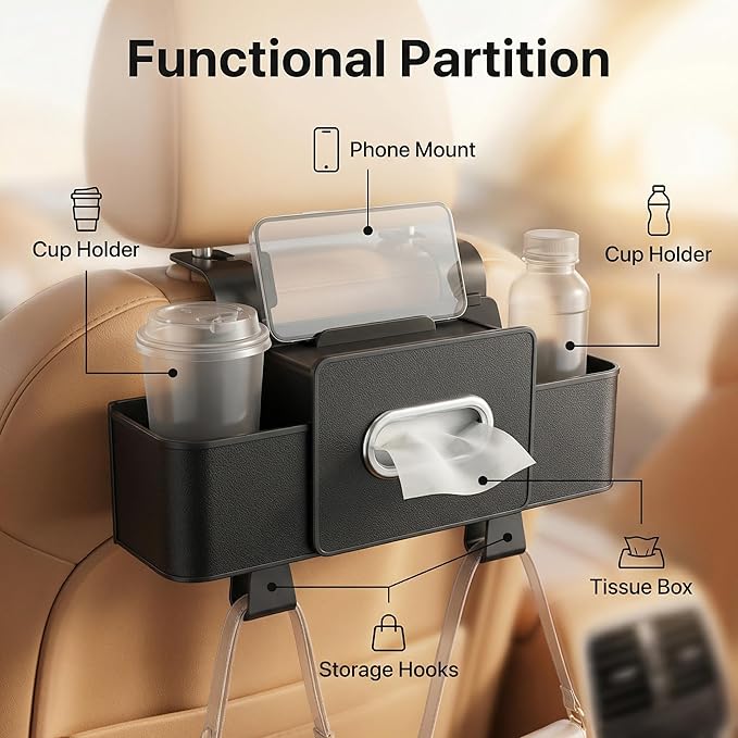 Backseat Car Organizer with Tissue, Multifunctional Car Back Seat Organizer with Cup Holders Tissue Box and Hook for Holding Phone, Snacks, Drinks and Handbag (Black)