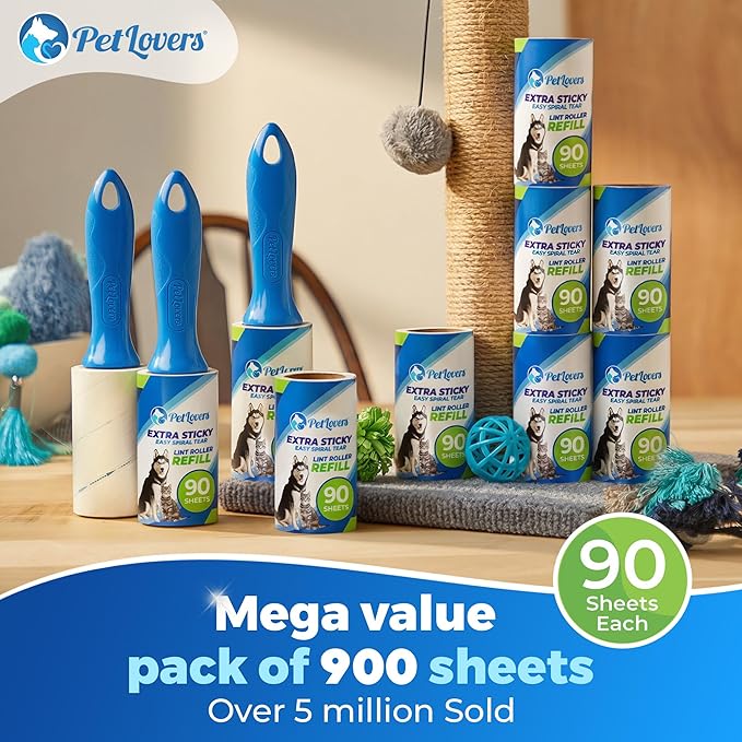 PetLovers Extra Sticky Lint Roller Mega Value Set 900 Sheets for Pet Hair Removal and Clothes, Dog and Cat Lint Remover, 10 Pack