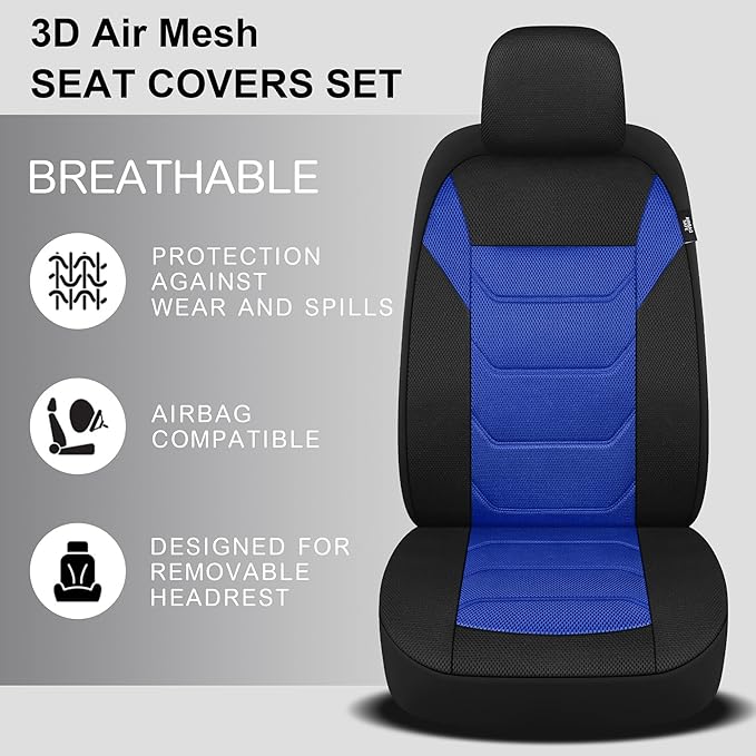 3D Air Mesh Car Seat Cover Full Set Washable and Breathable Premium Cloth Automotive Vehicle Seat Covers for Cars Interior, Universal Fit for Most Cars, Sedan, Truck, SUV(Black/Blue)