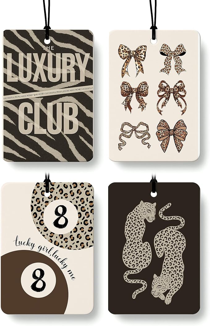 Coquette Leopard Bow Cologne Car Air Freshener 4 Pcs, Trendy Girly Lucky 8 Ball Cheetah Print Hanging Air Freshener for Cars Bathroom Dorm Books Decor, Cute Accessories Gifts for Women Girls