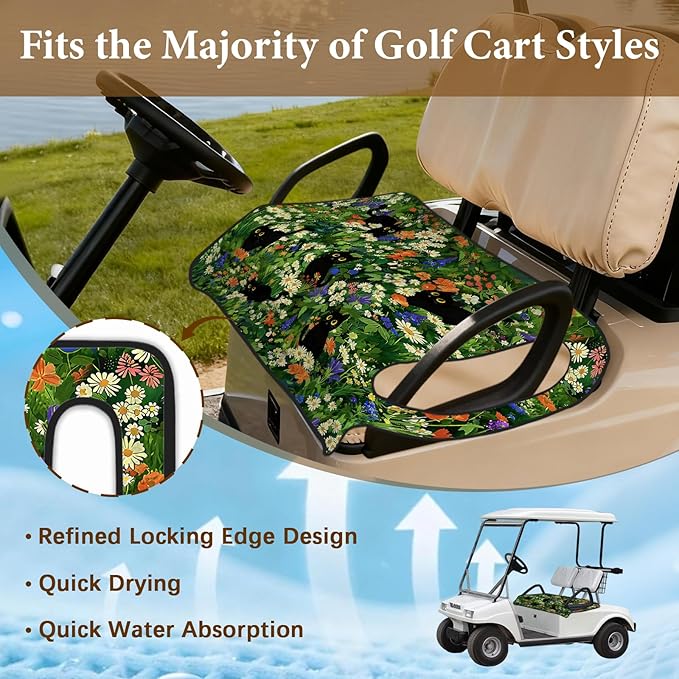 Green Golf Cart Seat Covers, Black Cat Flower Golf Cart Seat Towel Blanket for Club Car, Golf Cart Accessories, Keep Seat Comfortable and Cool for 2-Seat Golfs Carts, Gifts for Christmas Thanksgiving