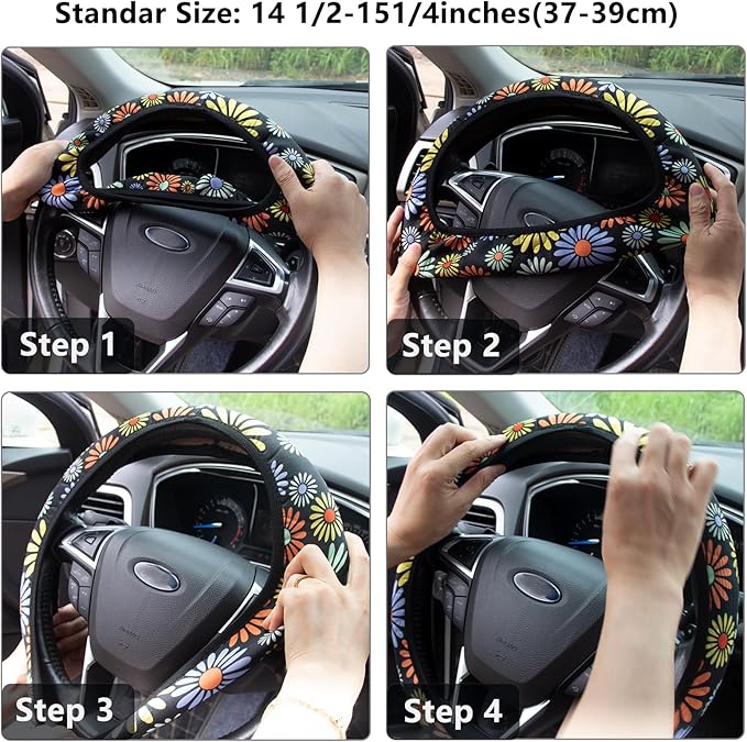 Steering Wheel Cover for Women Boho Universal Steering Wheel Covers Protector Car Accessories for Car 15 inch (Sunflower)