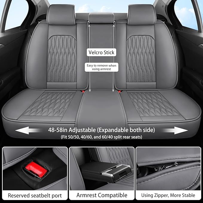 WELLDO Car Seat Covers Full Set, Leather Seat Covers for Car, Waterproof Car Seat Protector with Lumbar Support, Automotive Seat Covers Universal Fit for Most Cars SUV Truck,Gray,w02.
