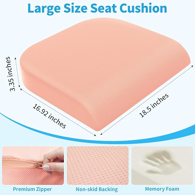 XLarge Seat Cushion, Memory Foam Cushion for Long Sitting Hours on Office Chair, Home & Car, Non-Slip Chair Pad for Relieving Back & Sciatica & Hip & Coccyx Pain (Pink)