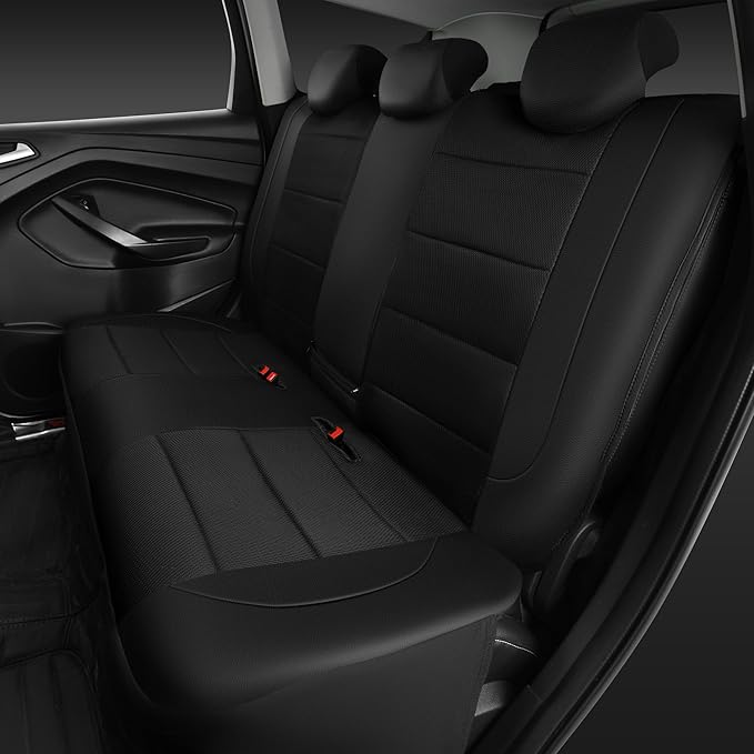 CAR PASS Leather Back Seat Cover, Breathable Mesh Universal Bench Seat Cover, Super 5mm Composite Sponge Inside, Airbag Compatible Fits Most Automotive, Cars, SUVs, Trucks, and Vans (Rear, Black)