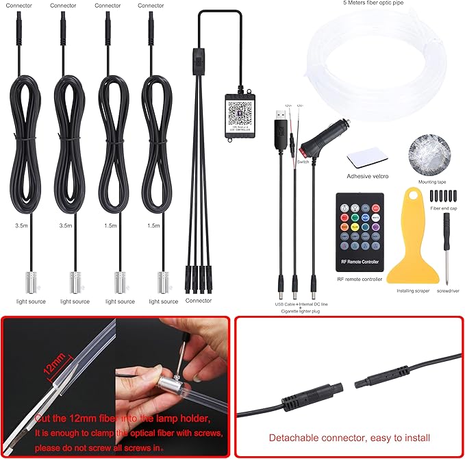 Car Ambient Lighting Kit 64 Colors Multicoloured Music Optic Fiber RF Remote + APP Control Car DIY Decorative Atmosphere Lighting DC 12V 1W 5m