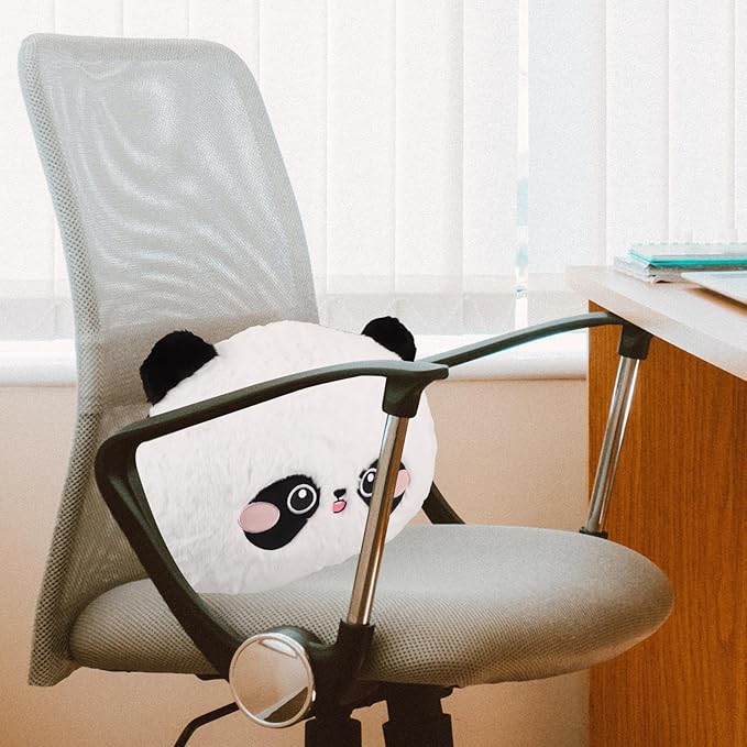 Car Lumbar Support Pillow with Cute Cartoon Panda Design, Round Plush Back Cushion for Driver and Passenger Seat, Soft Rabbit Hair Embroidered Lower Back Rest for Office